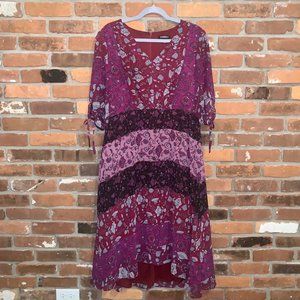 Roz & Ali Floral Mixed Print V-Neck Tie Sleeve High Low Empire Waist Midi Dress